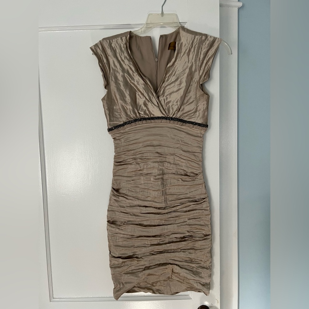 Nicole Miller Taupe Ruched V-Neck Mini Dress with Beaded Waist